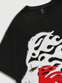 ROMWE MEN Street Life Men Embroidered Round Neck Short Sleeve T-Shirt, Unisex Couple Tee For Summer, 2000s Style - Black - View 6