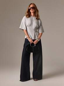 AiiRZ Peplum T Shirt With Cinched Waist Detail Short Sleeve Cotton Blend Top Modern Minimalist Design For Daily Office Wear Elevated Basic - Grey - View 4