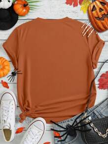 EMERY ROSE Halloween Pumpkin And Flower Print Plus Size T-Shirt - Brown - View 2