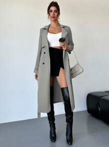 Firerie Elegant Design Waist Cinched A-Line Long Sleeve Trench Coat, Autumn/Winter - Light Grey - View 8
