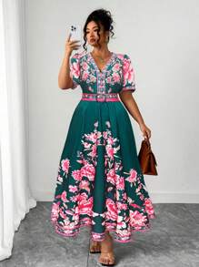 Elenzga Plus Size Women's Popular Fashion, Versatile, Thailand Maldives Vacation Beach Boho Style Printed Cinched Waist V-Neck Cap Sleeve Dress, Spring/Summer - Multicolor - View 3