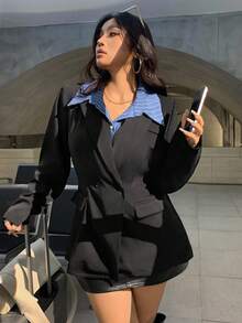SHEIN EZwear Plus Size Contrast Color Blue Striped Patchwork Casual Suit - Multicolor - View 3