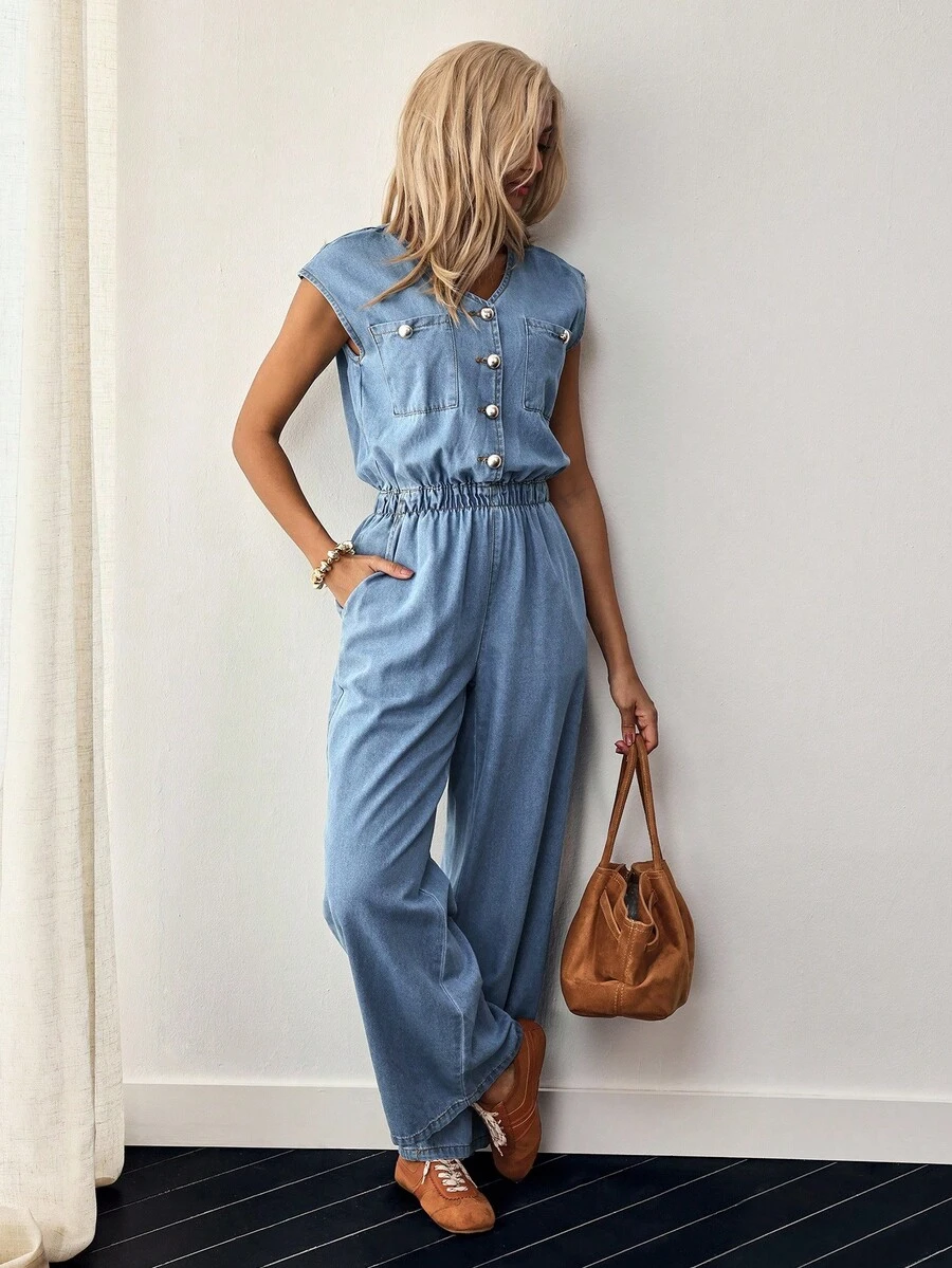 EMERY ROSE Women's Casual Fashion V-Neck Button Up Denim Jumpsuit