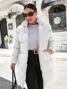 EURMUSE Plus Size Casual Solid Color Hooded Jacket, Versatile For Winter - White - View 4