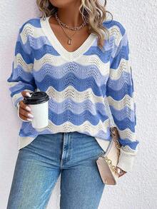 Maglione casual a maniche lunghe con scollo a V e righe, versatile per l'uso all'aperto in autunno/inverno, taglie comode