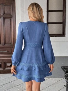 Breezaya Women's Solid Color Lace V-Neck Lantern Sleeve Fashion Dress Fall Cloth For Women