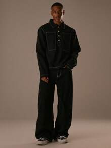 Musero Oversized Boxy Fit Contrast Stitch Quarter Button Up Denim Shirt Top Only /Winter - Black - View 5