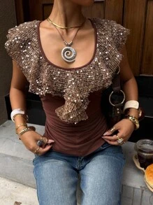 SHEIN EZwear Women's Summer Fashion Sequin Ruffles Patchwork Ruched Slim Fit Tank Top ,Y2k Clothes Women, Western Women Wear, Bohemian Clothes For Women ,Clubs Women , Country Concert