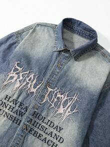 ROMWE MEN Street Life Men's Casual Retro Slogan Embroidered Denim Jacket - Bronze - View 5