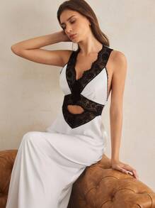 Charlaine Women's Sexy V-Neck Contrast Lace Nightgown, Summer - Black and White - View 2