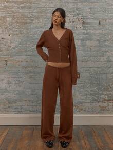 MUSERA Áo khoác cardigan dệt kim cổ chữ V, cài nút, eo bo gân, tay áo bó sát, phong cách mùa xuân, những năm 2000, dễ thương, thích hợp cho sân bay, kỳ nghỉ hè, mùa đông và hàng ngày. - Màu nâu Sô-cô-la - Xem 4