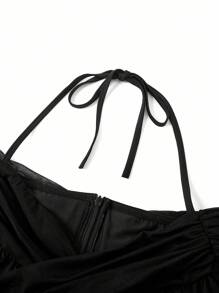 Ellevyn Women's Elegant Black Halter Neck Ruched Mesh Long Sleeve Bodysuit, Autumn/Winterhalloween