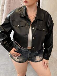 SHEIN EZwear Plus Drop Shoulder Flap Detail Crop PU Leather Jacket Winter Fall Autumn - Black - View 5