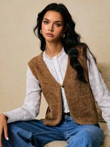 Poéselle 毛绒针织无袖毛衣背心 - 女式柔软纽扣前开衫背心，女式针织背心，毛绒背心，无袖开衫，柔软针织背心，纽扣前背心，分层背心，秋季针织背心，西部服饰 - 鏽棕色 - 查看 3