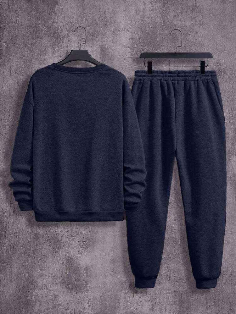 EURMUSE Men's Slogan Print Crew Neck Long Sleeve Sweatshirt And Sweatpants Casual 2 Pieces Set - Navy Blue - View 5