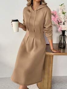 SHEIN LUNE Women's Casual Cinched Waist Hoodie Dress,Long Sleeve Camel Beige Hooded For Autumn Winter Occasion,Chic Country Style Fall Party Brunch Clothes - Brown - View 3