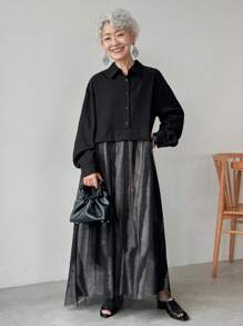 FRIFUL 女式黑色落肩长袖下摆拼布扎染面料透明网眼衬衫裙，秋季连衣裙，休闲长裙 - 黑色 - 查看 6