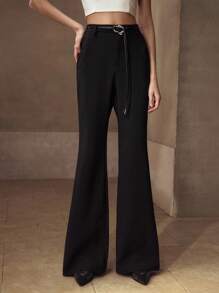 MOTF PREMIUM BUCKLE DECOR FLARE LEG PANTS - Black - View 3