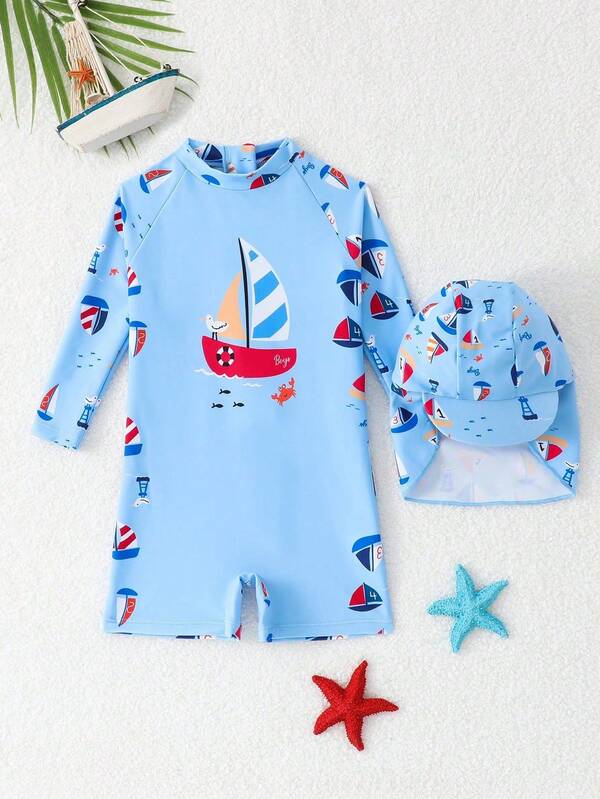 SHEIN Baby Boys' Cute Cartoon Sailboat Graphic Long Sleeve One-Piece Swimsuit With Sun Hat, Suitable For Beach, Surfing, Swimming, Travel & Vacation