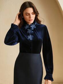 Anewsta Women's Navy Blue Velvet Long Sleeve Ruffle Collar Embellished Button Down Shirt,Navy Blue Floral,Autumn,Elegant,Tea Party,Christmas,Chic,Stylish - Navy Blue - View 5