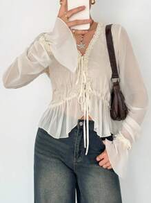 SHEIN Tall 女士纯色荷叶边前系带喇叭袖时尚衬衫奶油色系带上衣荷叶边衬衫 - 米色 - 查看 6