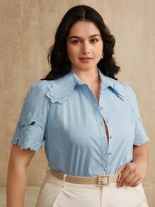 Anewsta Áo kiểu nữ tay ngắn thêu hoa cổ bẻ thời trang thanh lịch mùa hè đa năng đi làm - Màu xanh lam - Xem 3