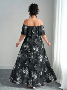 SHEIN Clasi 2025 夏季新款大码女装时尚花卉印花露肩荷叶边露肩收腰修身长裙，适合度假、约会、日常通勤、郊游和旅行 - 黑與白 - 查看 3