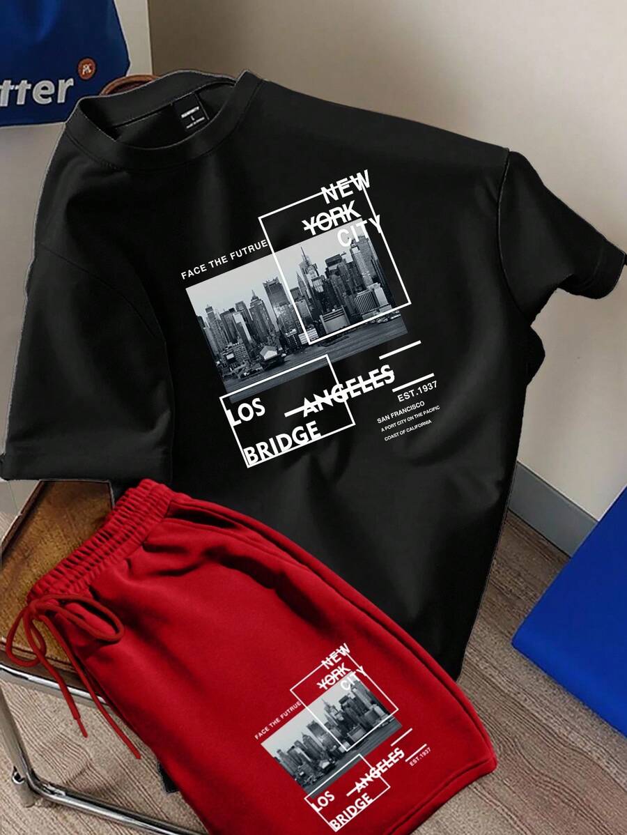 Claim Dot 男士纽约洛杉矶城市印花休闲T恤和短裤套装，时尚简约T恤套装