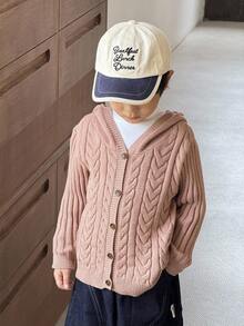 SHEIN Young Boys' Casual Zip-Up Hooded Cardigan With Twist Floral Design Kids Cardigan Boys Knit Cardigan Kids Knitwear Toddler Boy Hooded Cardigan Cable Knit Cardigan Kids,In Fall/Winter - Khaki - View 5