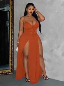 Slaydiva Slayr Plus Size Sexy Solid Color Drawstring High Slit Dress - L - Redwood - View 4