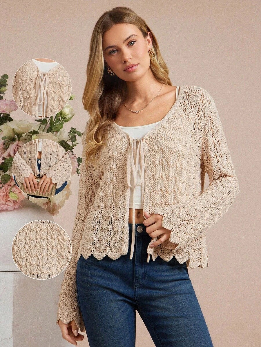 SHEIN Amorya 女士纯色条纹镂空袖轻薄棉质针织开衫，防晒外套，女士返校服装，音乐会返校节服装，女士办公室服装，教师服装，夜间外出教堂服装，女士早午餐服装，女士生日礼服，女士婚礼宾客礼服，女士秋冬服装 - 卡其色 - 查看 1