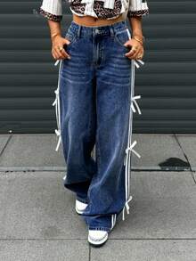 Teen Girl Contrast Striped Bow Decor Wide Leg Jeans - Dark Wash - View 3