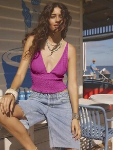Aralina Women's Solid Color Vacation Spaghetti Strap Design Sexy Deep V Camisole - Red Violet - View 9
