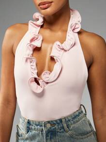 MISSGUIDED Elegant Halter Neck Bodysuit With Ruffle Trim Backless Design Evening Party Occasion Casual Form Fitting Light Weight Versatile Essential Bodysuit - Pink - View 5