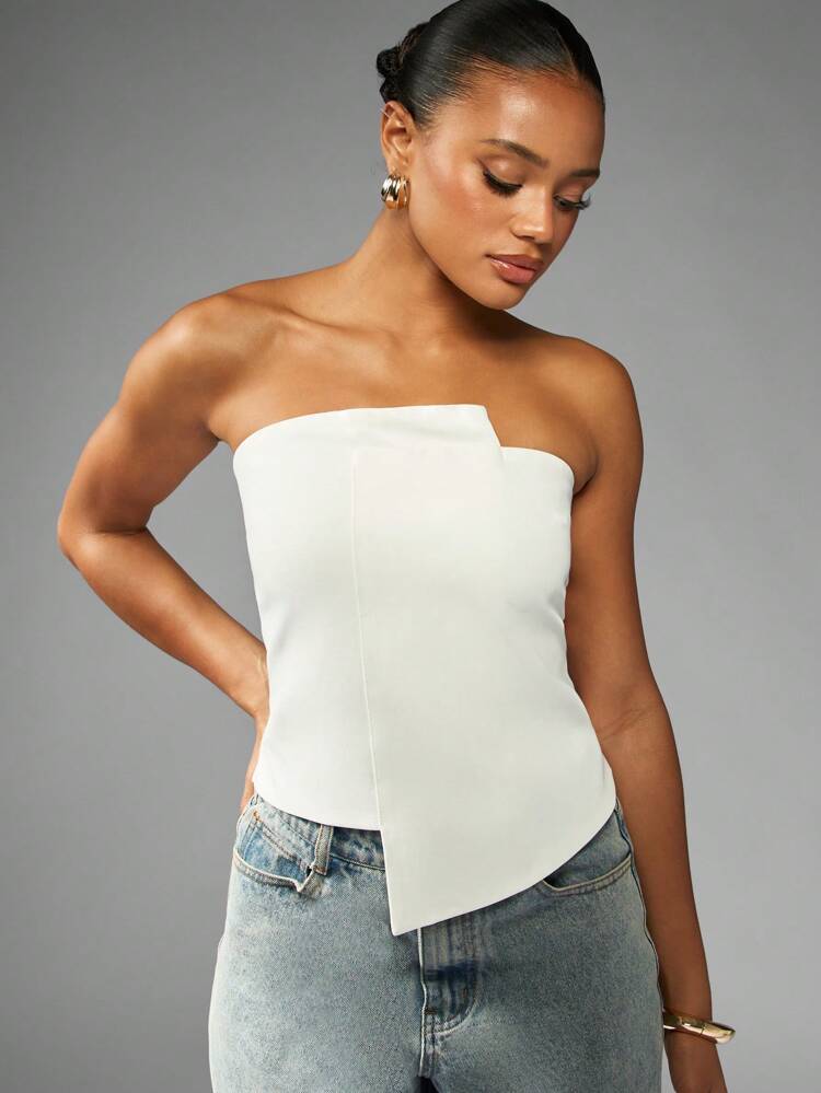 MISSGUIDED Asymmetric Hem Bandeau Corset Top Strapless Design Summer Club Party Evening Wedding Guest Structured Fitted Fashion Statement Piece