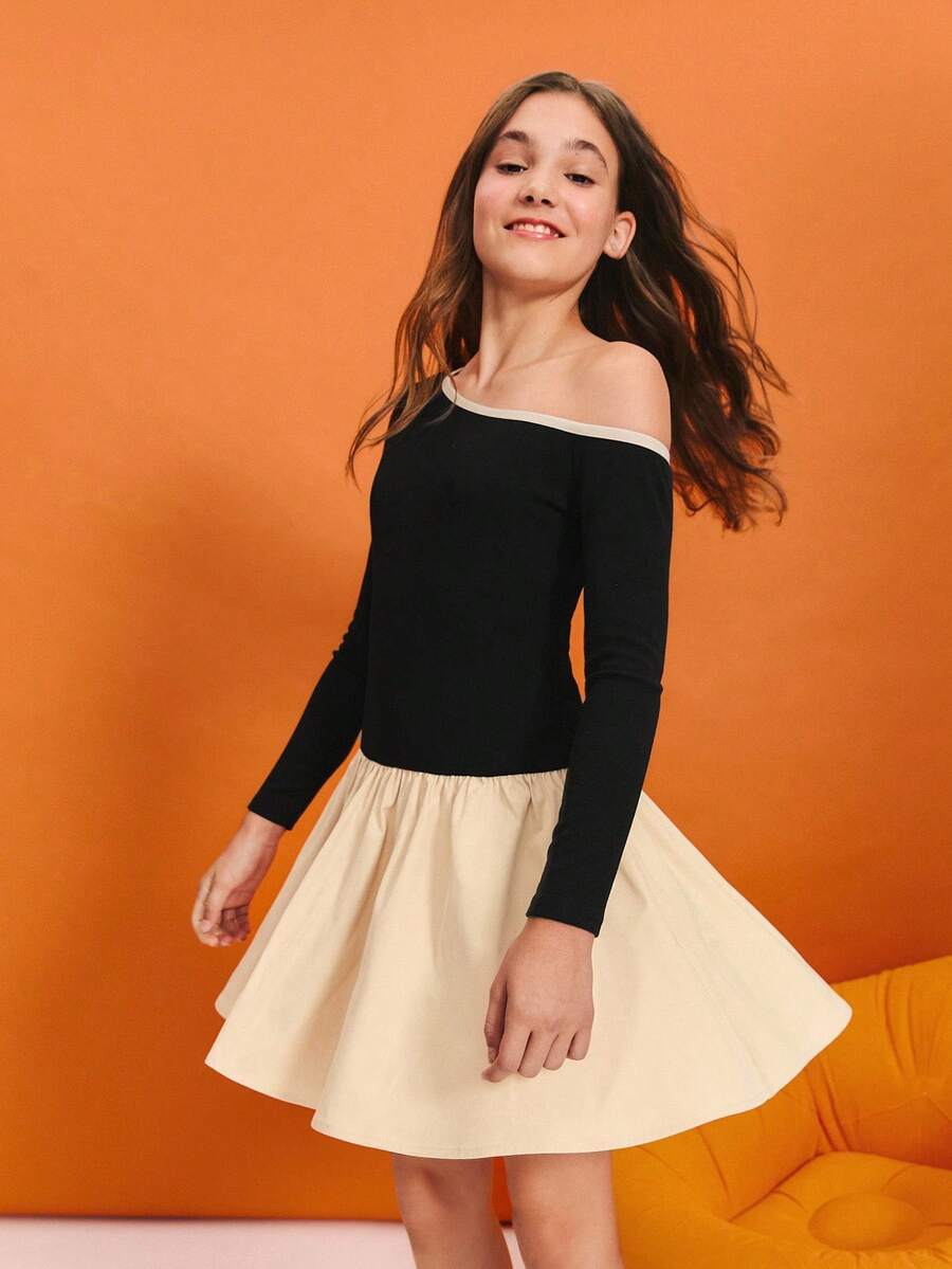 SHEIN 青少年女孩休闲拼色圆领长袖拼布连衣裙 - 黑色 - 查看 1