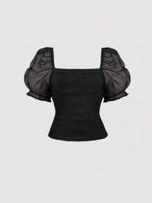 SHEIN MOD Blusa romántica de talla grande con mangas abullonadas, decoración de botones de metal, diseño ceñido a la cintura, negro, adecuado para fiesta, cita, elegancia vintage - Negro - Ver 3