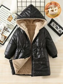 SHEIN 1 buc Palton matlasat pentru băieți, casual, universitar, confortabil, minimalist, practic, versatil, contrastant, căptușit termic, cu glugă până la genunchi, pentru întoarcerea la școală, purtare zilnică, școală, ieșiri, sport, palton de toamnă/iarnă, palton negru de iarnă pentru băieți, palton pufos cu căptușeală din sherpa - Negru - Vizualizare 2