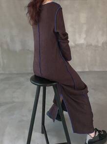 FRIFUL Women's Round Neck Long Sleeve Contrast Color Straight Loose Casual Long Dress, Autumn