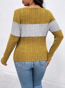 EMERY ROSE Plus Size Contrast Color Round Neck Ribbed Long Sleeve Casual T-Shirt Graphic Tees Women Tops For Spring Fall - Multicolor - View 2