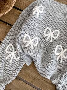 Sparklyn Tween Girl New Fashionable Versatile Cute Bow Knit Pullover Sweater Bow Sweater Bow Knit Sweater Sweater With Bows Bow Sweater Cropped Bow Sweater Cute Sweaters Sweater Fall Winter Fall Craft Sweater Cute Bow Sweaters - Grey - View 6