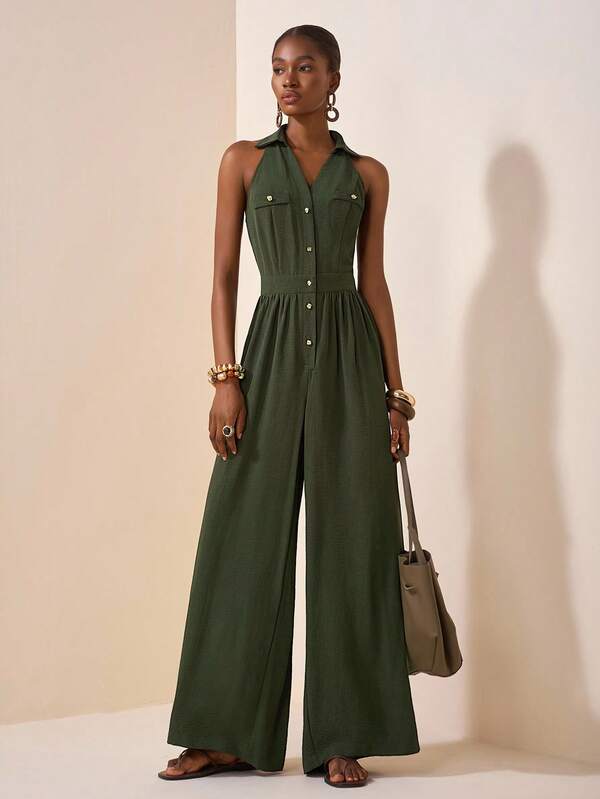 Zivah 20  Summer New Arrival, Suitable For Birthday Party, Back To School, Campus Style, Daily Wear, Casual, Vacation, Cruise Travel, Beach, Sunbathing, Streetwear, Elegant, Commute, Business Casual, Shirt Collar, Half-Open Leg, Buttons Can Be Opened, Pockets, Waist Cinched Wide Leg Pants, Olive Green, Summer Wide Leg Pants, Women Jumpsuit Green Jumpsuit Women Green Maxi Jumpsuit