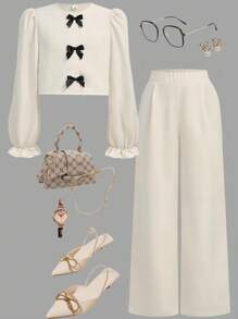 Girlism 青少年女孩休闲时尚圆领荷叶边泡泡袖纽扣上衣和长裤套装 - 杏色 - 查看 3