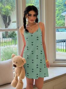 夏季休闲绿色心形印花吊带背心迷你睡袍 - 綠色 - 查看 5
