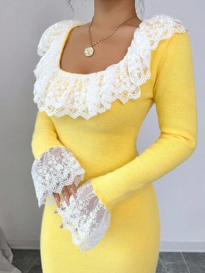 Elenzga فستان كنزة صوفية مرقع بياقة من الدانتيل للنساء