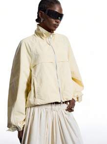 LYSMO Áo khoác dáng rộng tay dài raglan màu trơn có khóa kéo phía trước dành cho nữ - Màu vàng - Xem 5