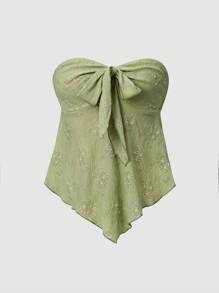 Sweetra Áo quây không dây màu trơn, chất liệu có họa tiết, thắt nút, phong cách Y2K dành cho nữ. - màu xanh lá - Xem 1