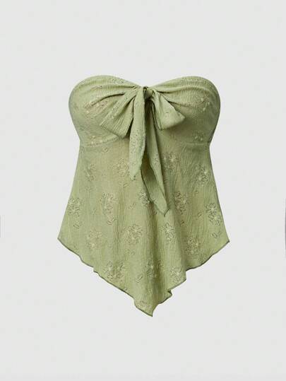 Sweetra Women's Solid Color Textured Knotted Strapless Top Y2K Outfit 