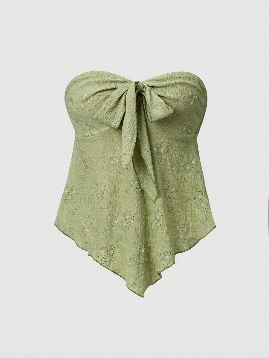 Sweetra Áo quây không dây màu trơn, chất liệu có họa tiết, thắt nút, phong cách Y2K dành cho nữ. - màu xanh lá - Xem 1