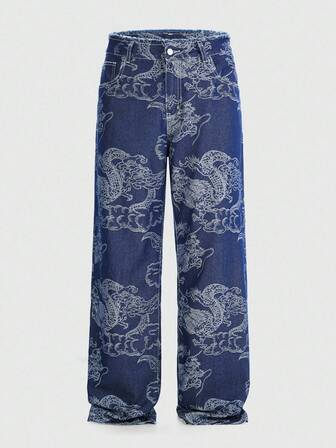 Anime Jeans droits décontractés pour hommes avec imprimé dragon lavé
